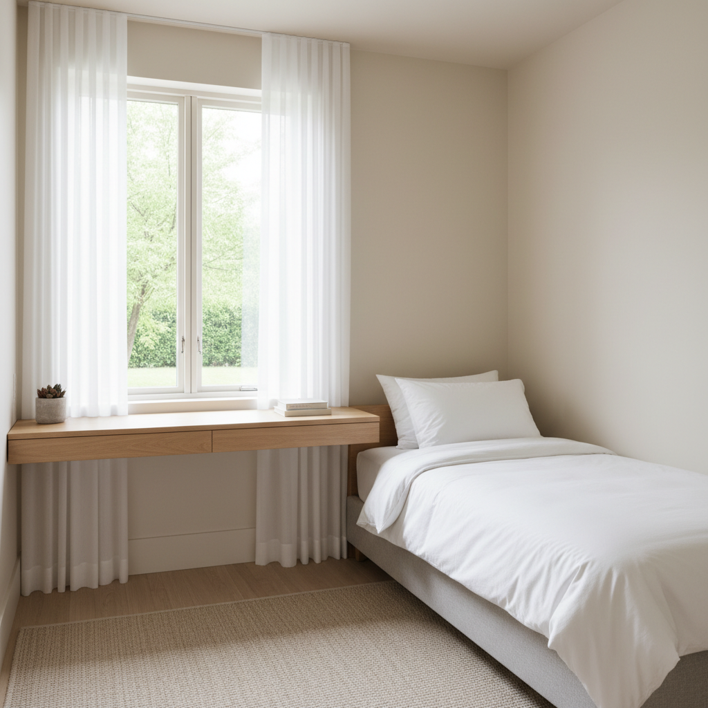 Clean private room with white bedding and natural light