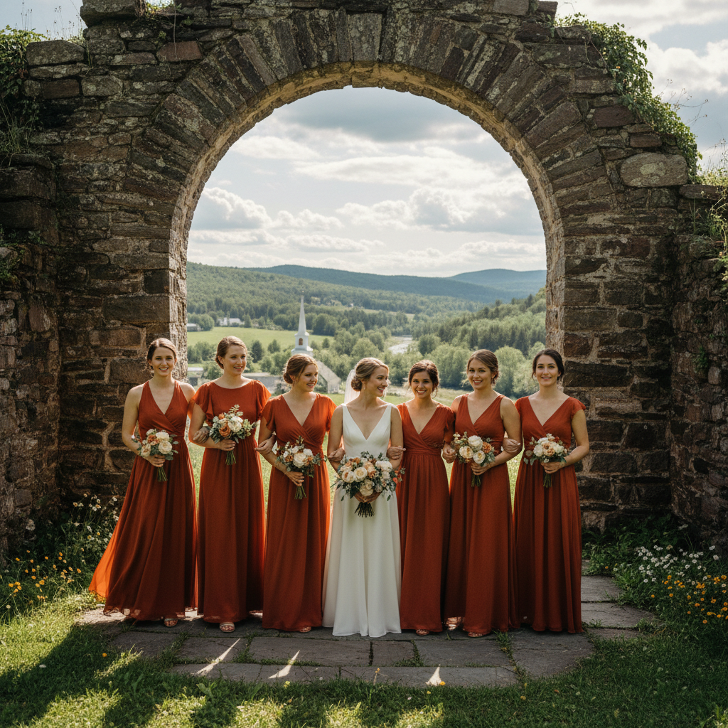 Bridal party of six in Carnelian column dresses standing under stone archway at outdoor ceremony in Vermont