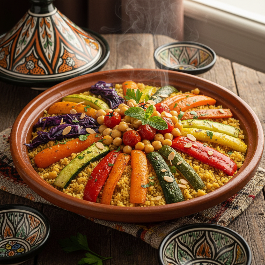Hand-rolled couscous mounded high in a clay serving dish, topped with vegetables and lamb, steam rising
