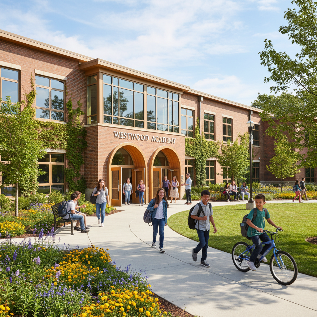 School building entrance with students walking in
