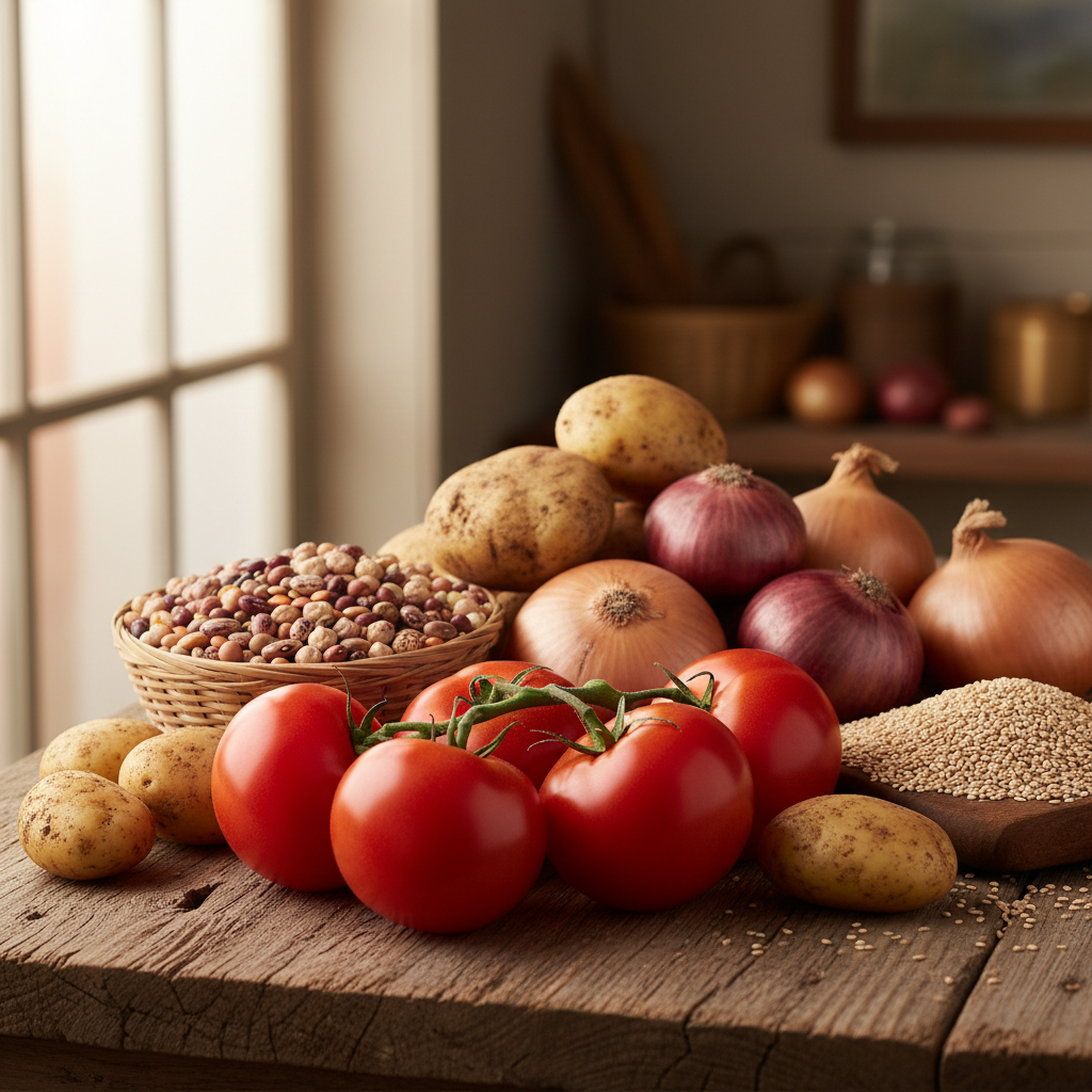 Colorful assortment of dry spices, lentils, and legumes in wooden bowls, warm overhead lighting, rich earthy tones