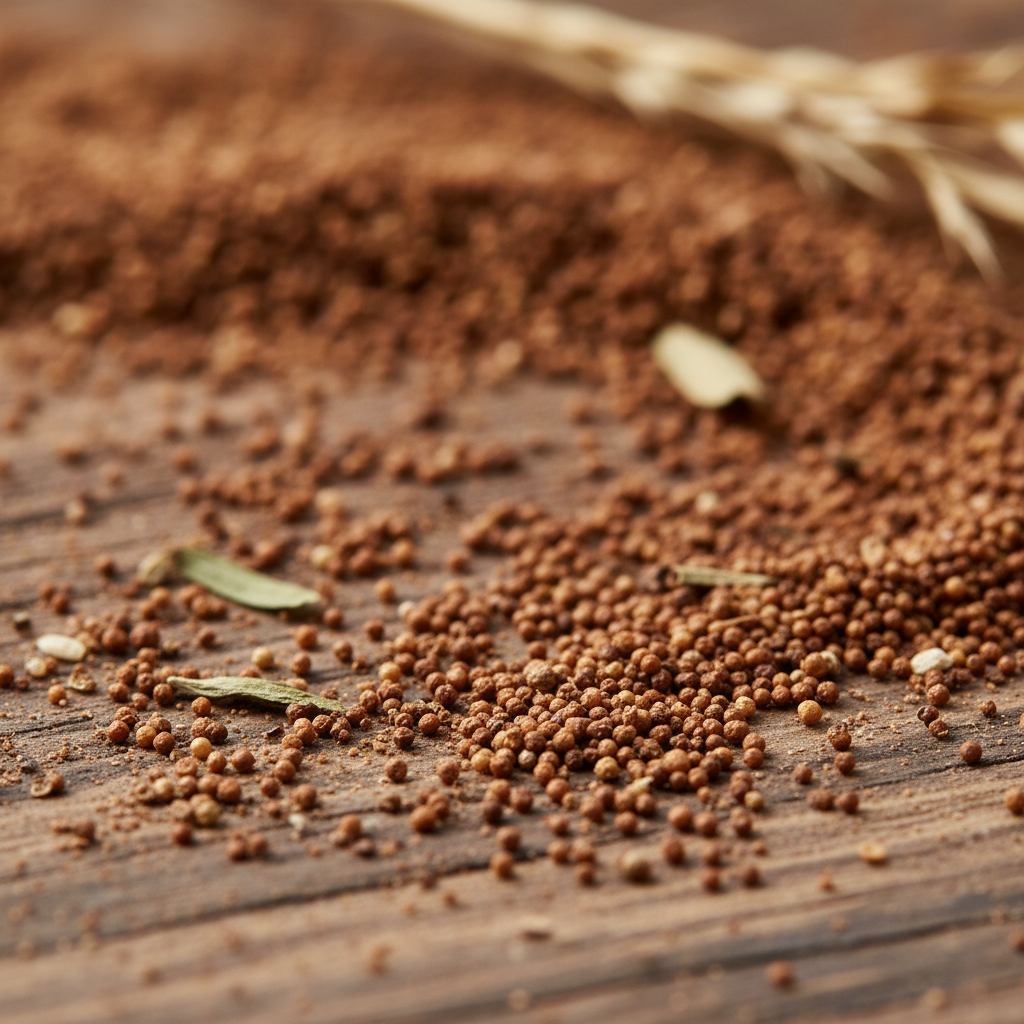 Fine brown teff grain close-up with earthy tones, showing tiny grain size