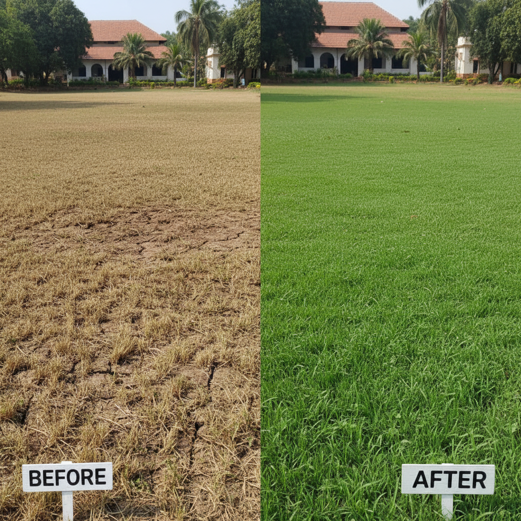 Before and after comparison of Delhi lawn revival showing transformation from brown dead grass to lush green turf
