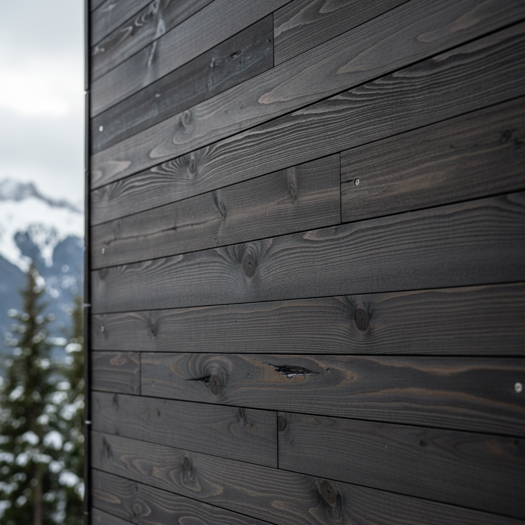 Detail van donkere houten gevelbekleding op modern chalet, hoge kwaliteit houtwerk
