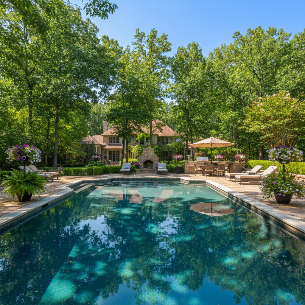 Beautiful residential backyard swimming pool in North Shore Chicago suburb with mature trees