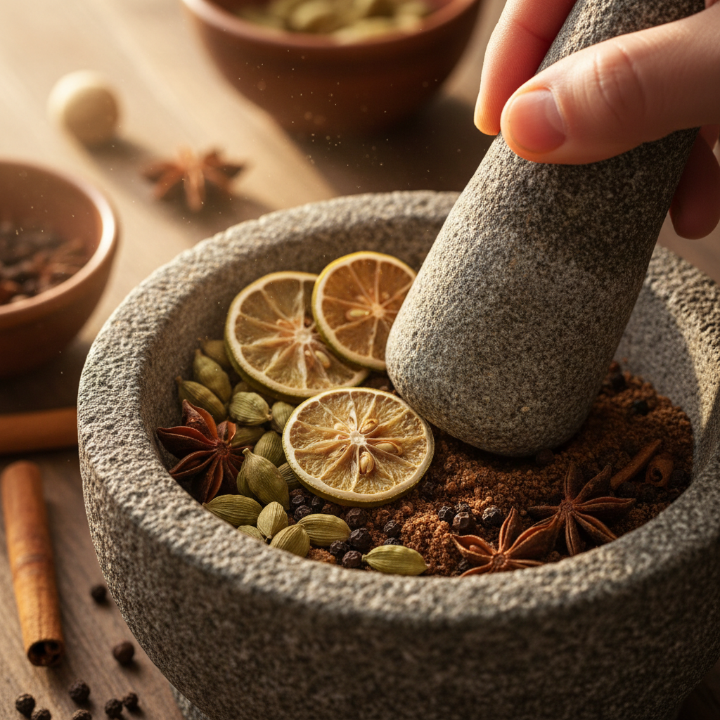 Spices being ground in a stone mortar in a traditional kitchen, cardamom and dried lime visible