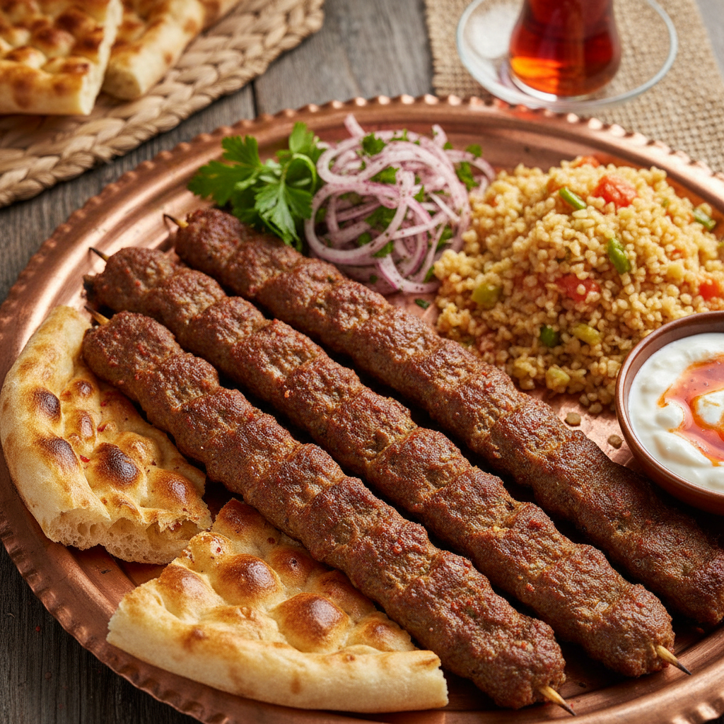 Adana kebabı, şişte kızartılmış acılı kıyma, pide ve sumakla servis