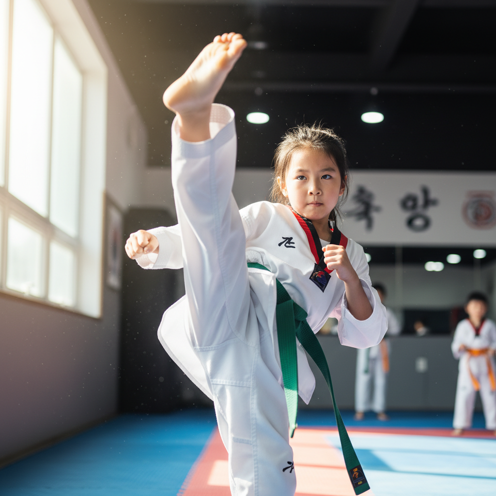 Intermediate taekwondo student in green belt uniform performing spinning kick with focused expression