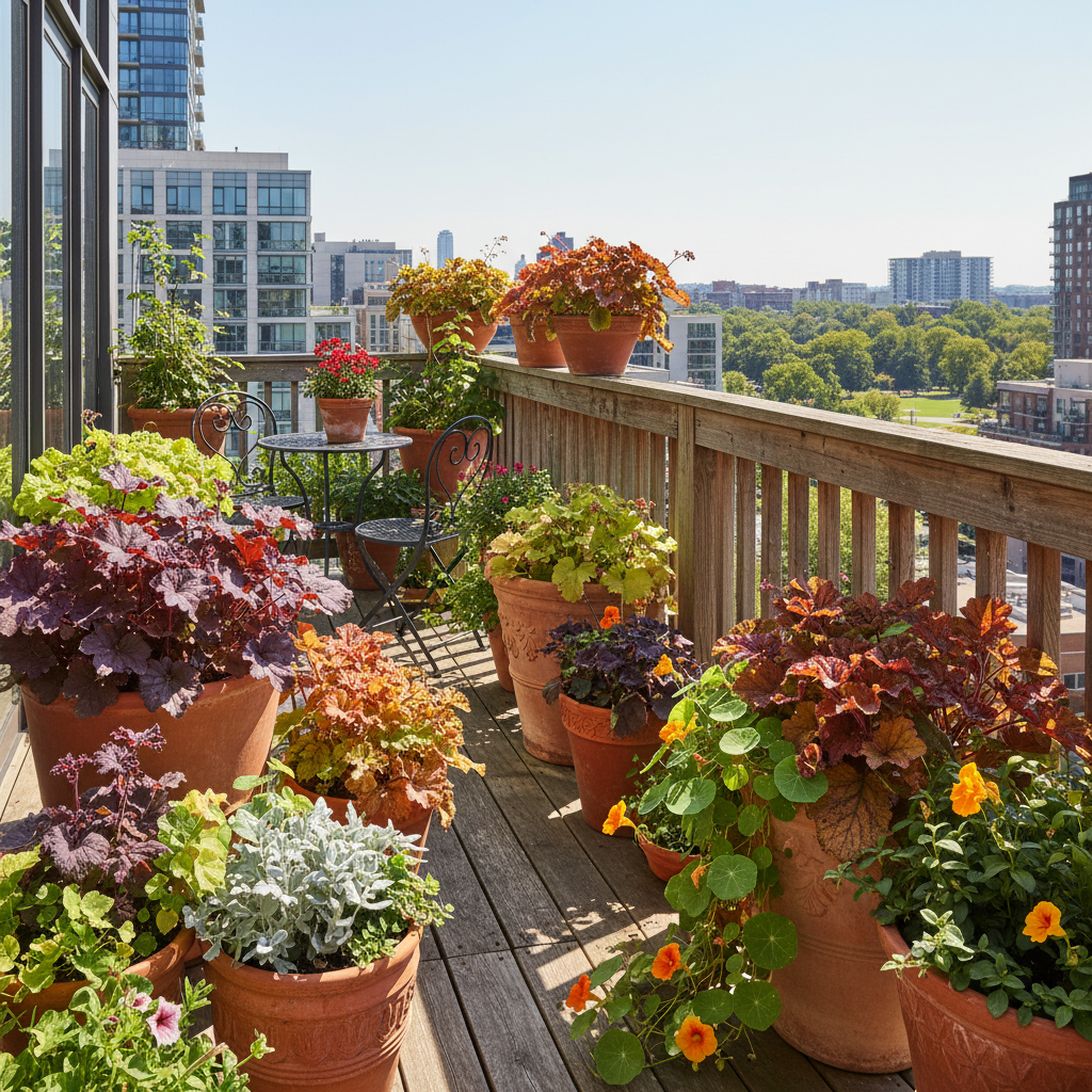 Container garden on apartment balcony with heuchera and trailing plants in terracotta pots