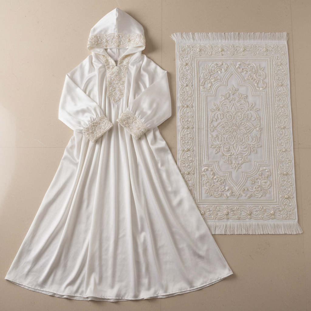 Blush pink prayer dress set with coordinating prayer mat in gift packaging