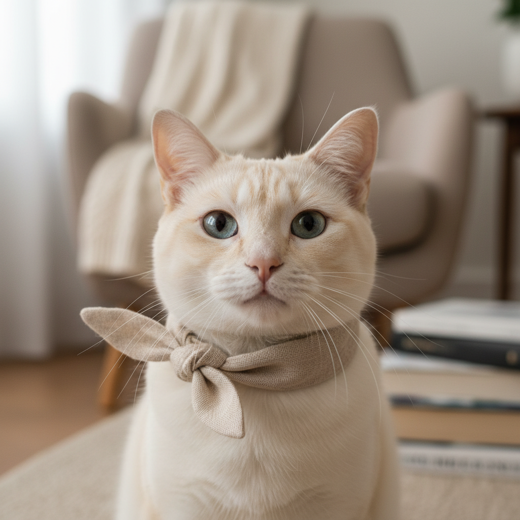 Cream colored cat wearing a delicate oat linen collar scarf indoors