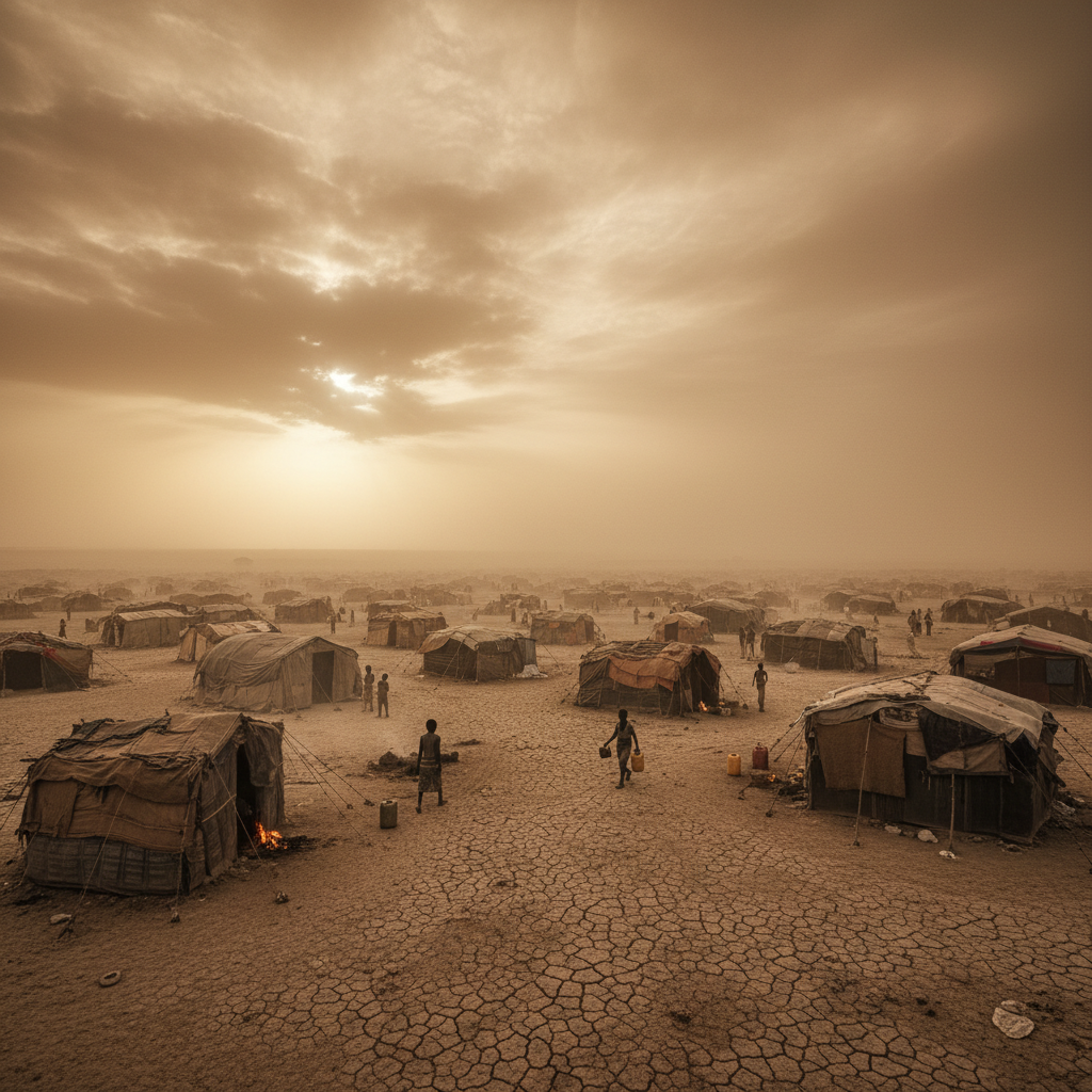 Dust-filled horizon at dawn over a displaced persons camp in Sudan
