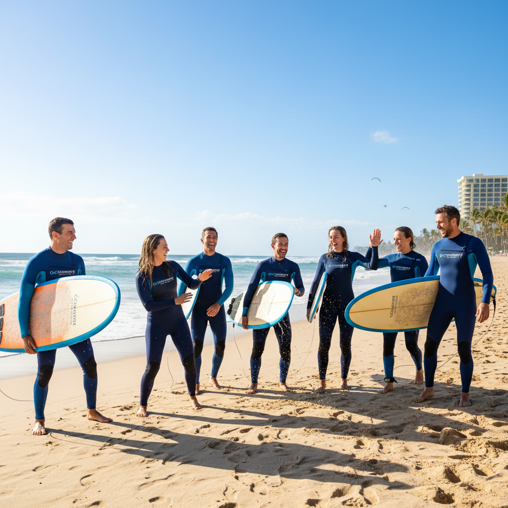 Group of corporate team members in matching wetsuits laughing on the beach with surfboards