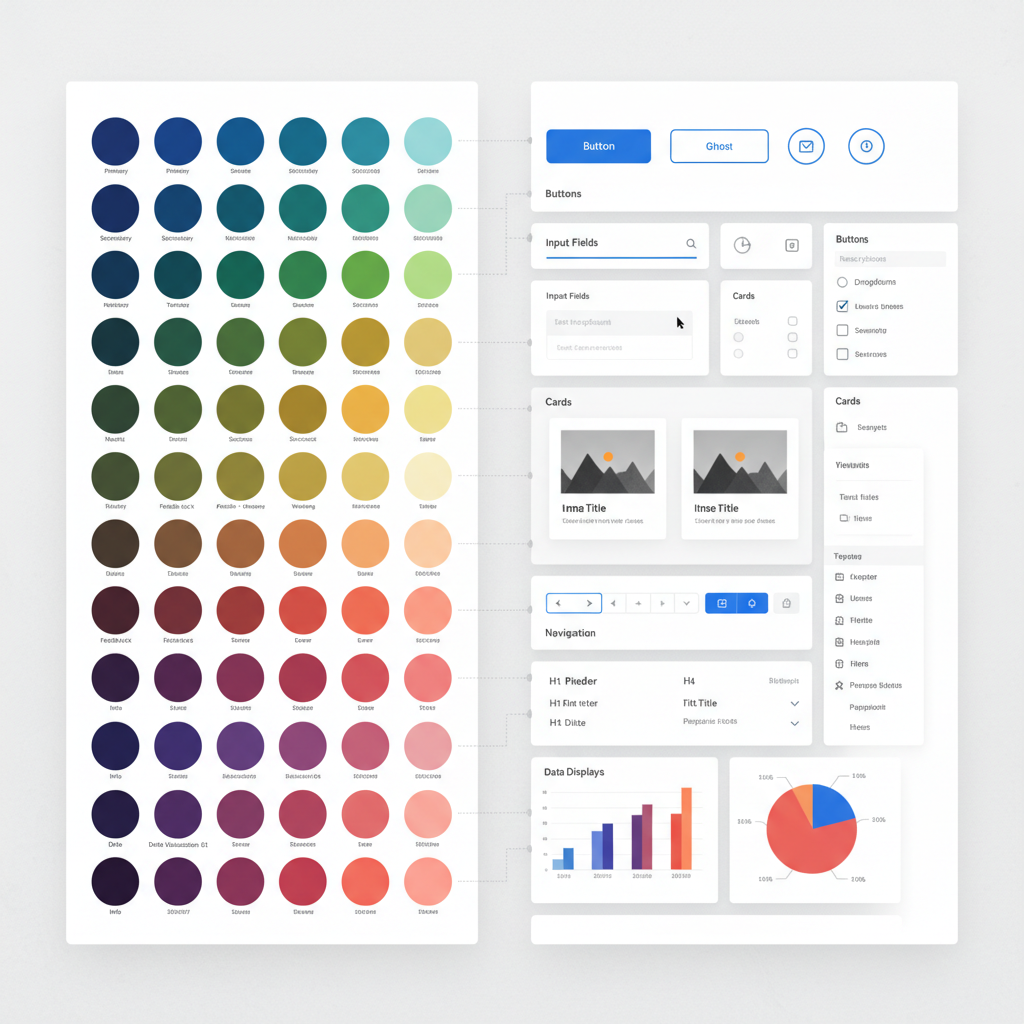 Colorful UI component grid on dark background, design system tokens and component previews arranged in a grid