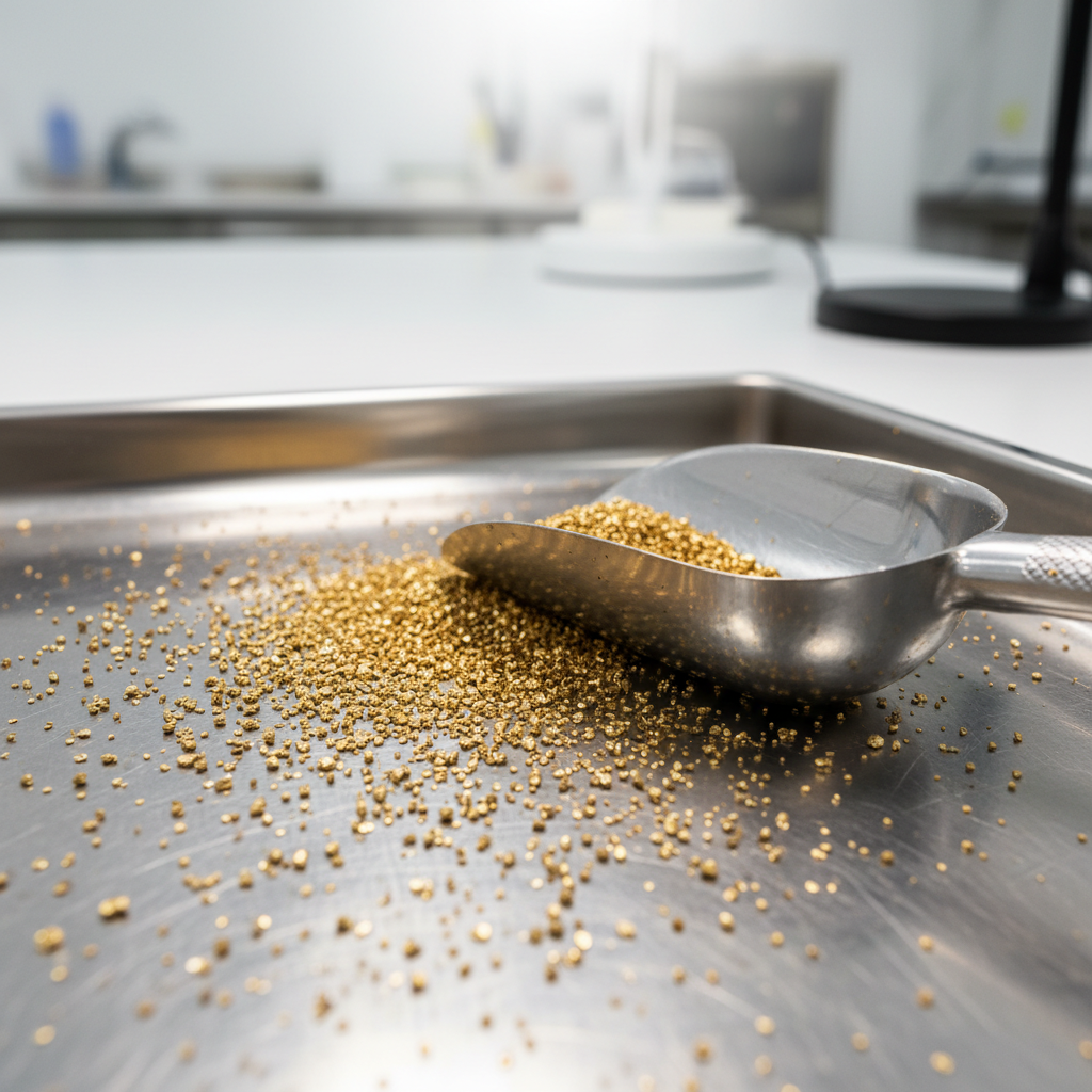 Gold dust and granules in industrial tray with metal scoop, processing imagery
