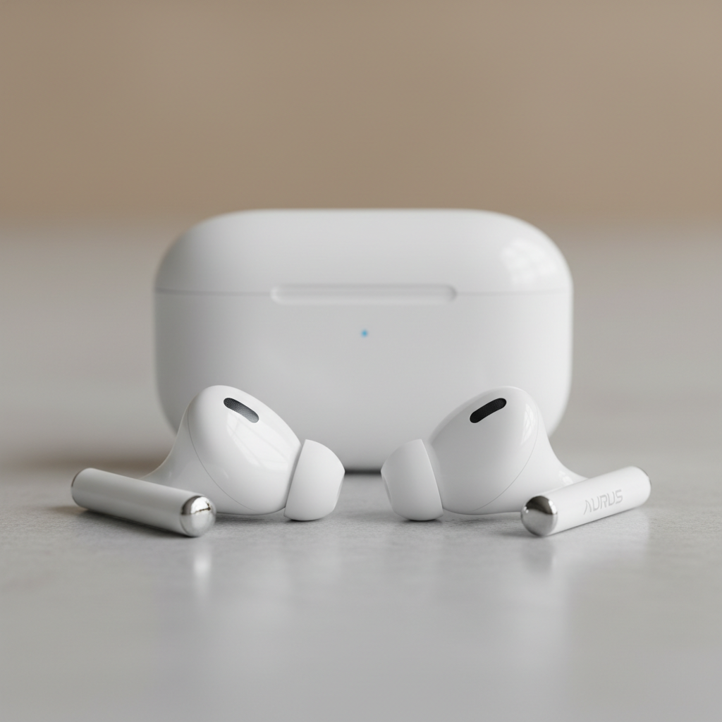 White wireless earbuds in charging case on gray surface