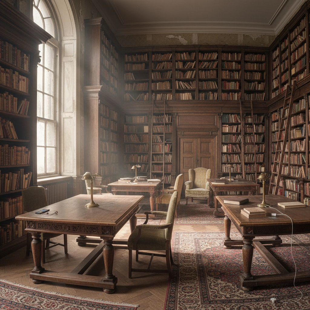 Interior de una biblioteca histórica con estanterías de madera oscura y libros antiguos bajo luz cálida