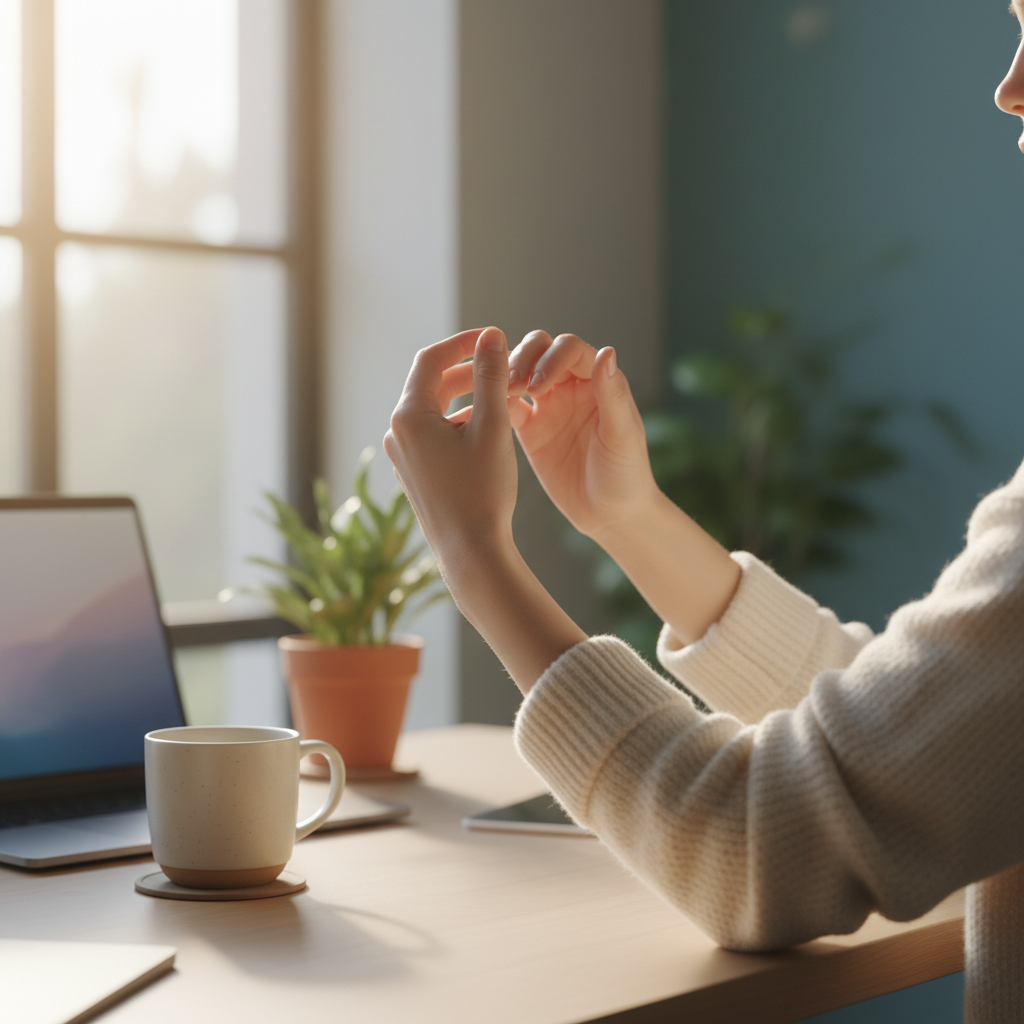 Person doing gentle wrist rotation exercises at a desk, morning light coming through window