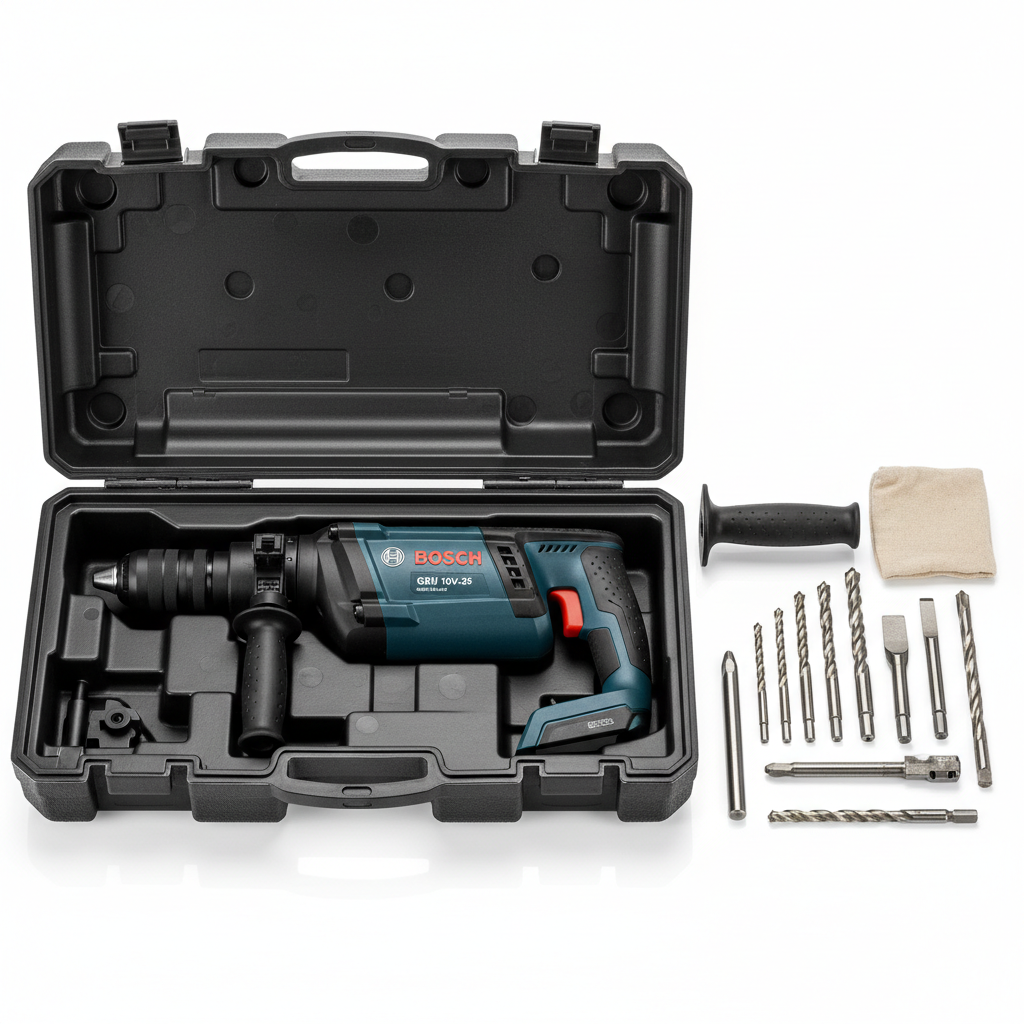 Black and Decker drill with accessories kit on garage shelf