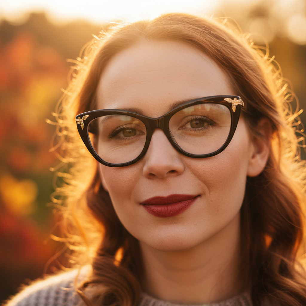 Woman wearing large vintage cat-eye frames in editorial outdoor shoot with warm golden light