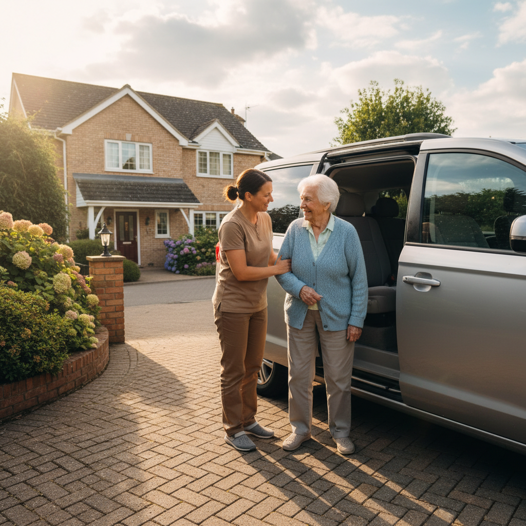 Elderly patient being assisted into a vehicle by a caregiver, warm daylight, residential driveway, gentle and supportive interaction
