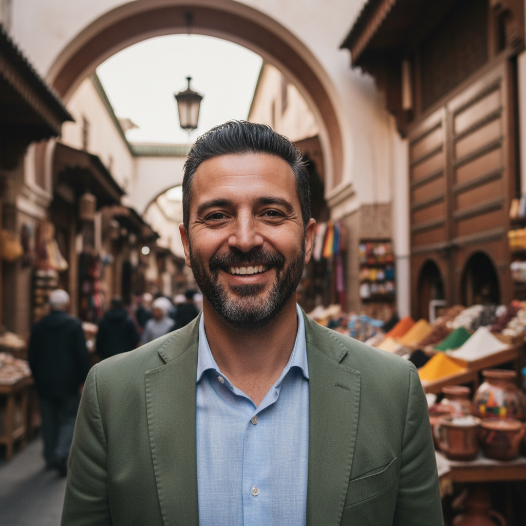 Jamal Jamali — Spanish-speaking Morocco guide, professional man, friendly expression, medina backdrop