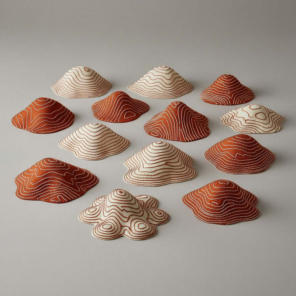Twelve hand-embroidered silk twill objects from Hermès Petit h capsule collection showing intricate topographic stitch patterns in rust and ivory