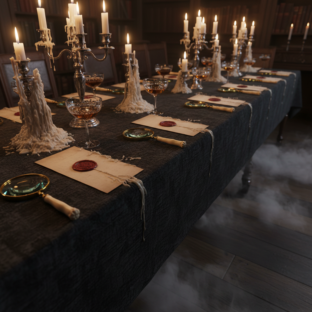 Transformed dining table with dripping candelabras, wax-sealed place cards, magnifying glass, crystal coupe, fog curling at baseboards