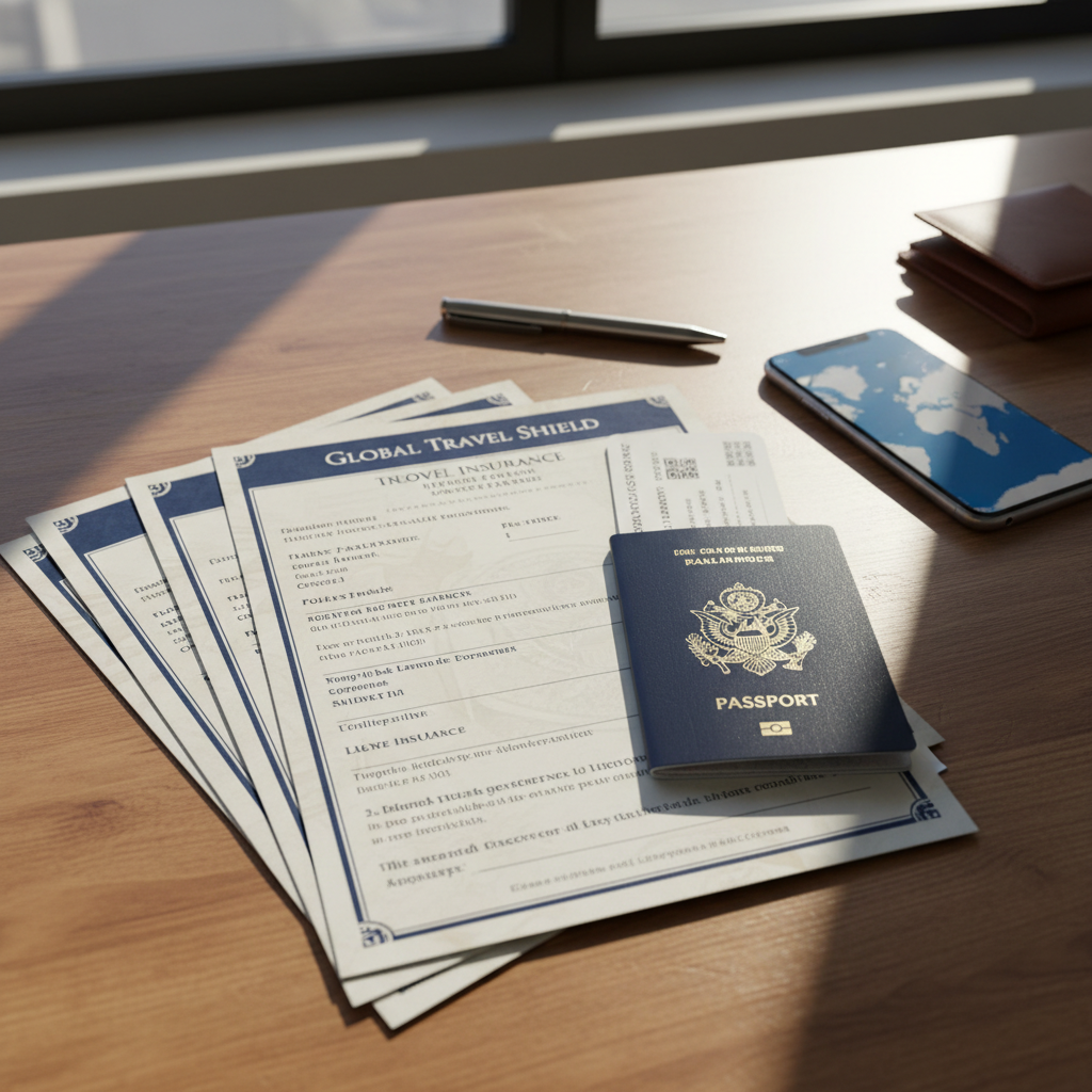 Travel insurance documents with passport and boarding pass on desk