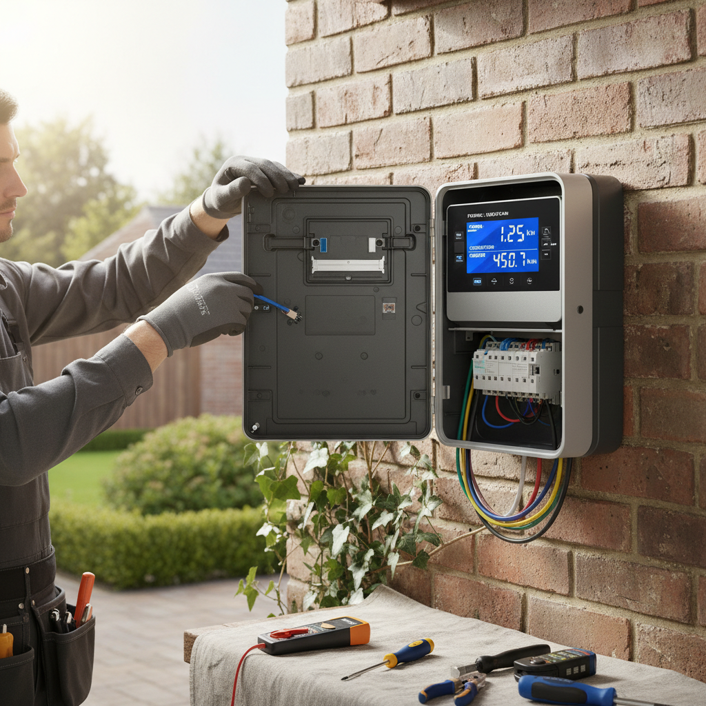 Smart electricity meter on wall, digital display, utility meter installation