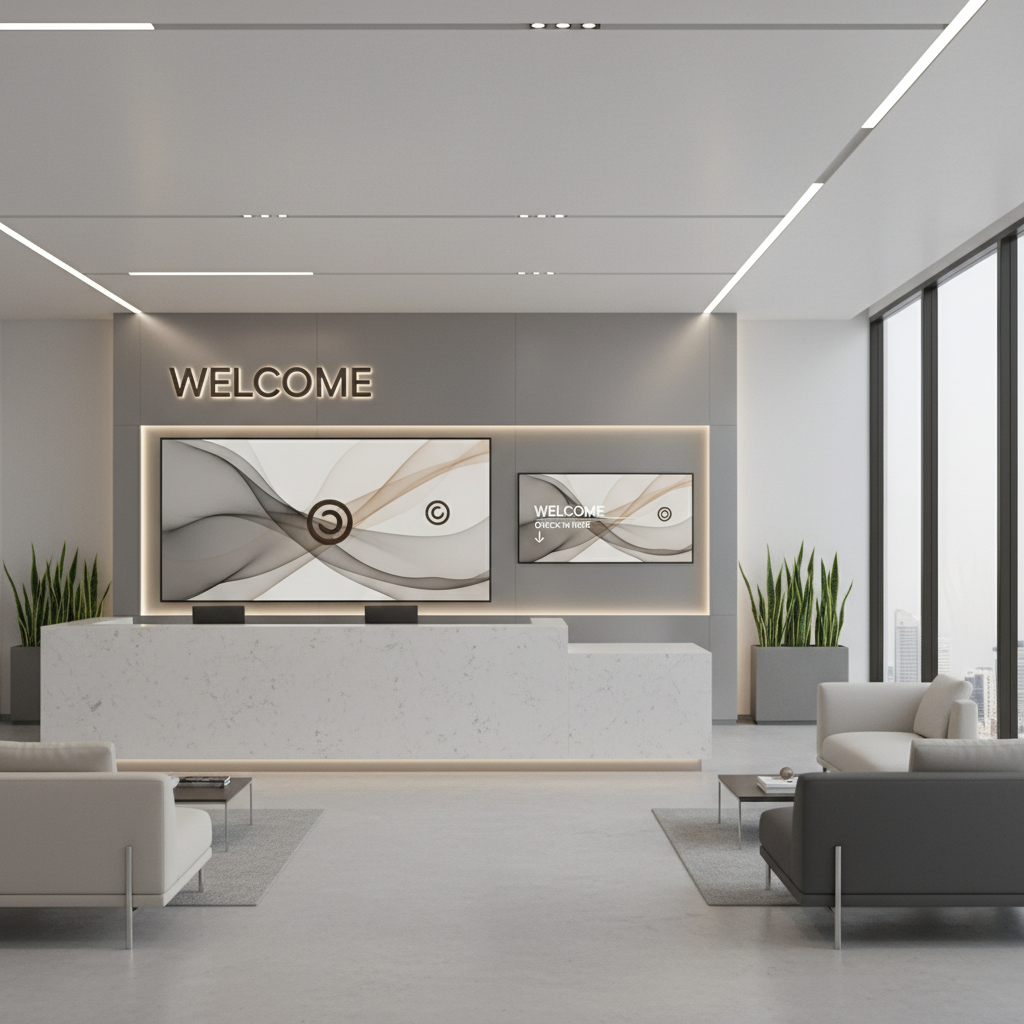 Modern office reception area with white marble desk, contemporary lighting, and Triangular Technology logo on wall