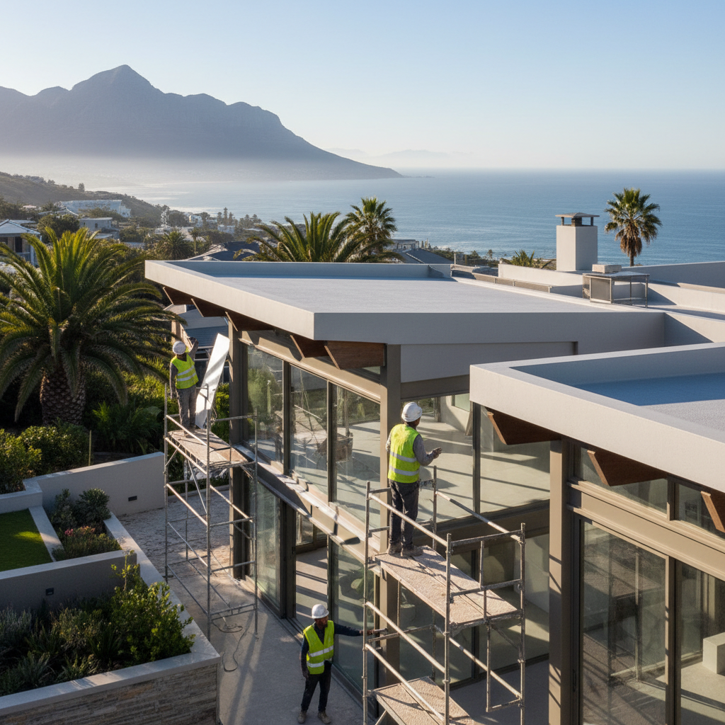 Luxury villa construction site in Mediterranean hillside, premium materials laid out, professional craftsmen at work, warm golden light, deep shadows