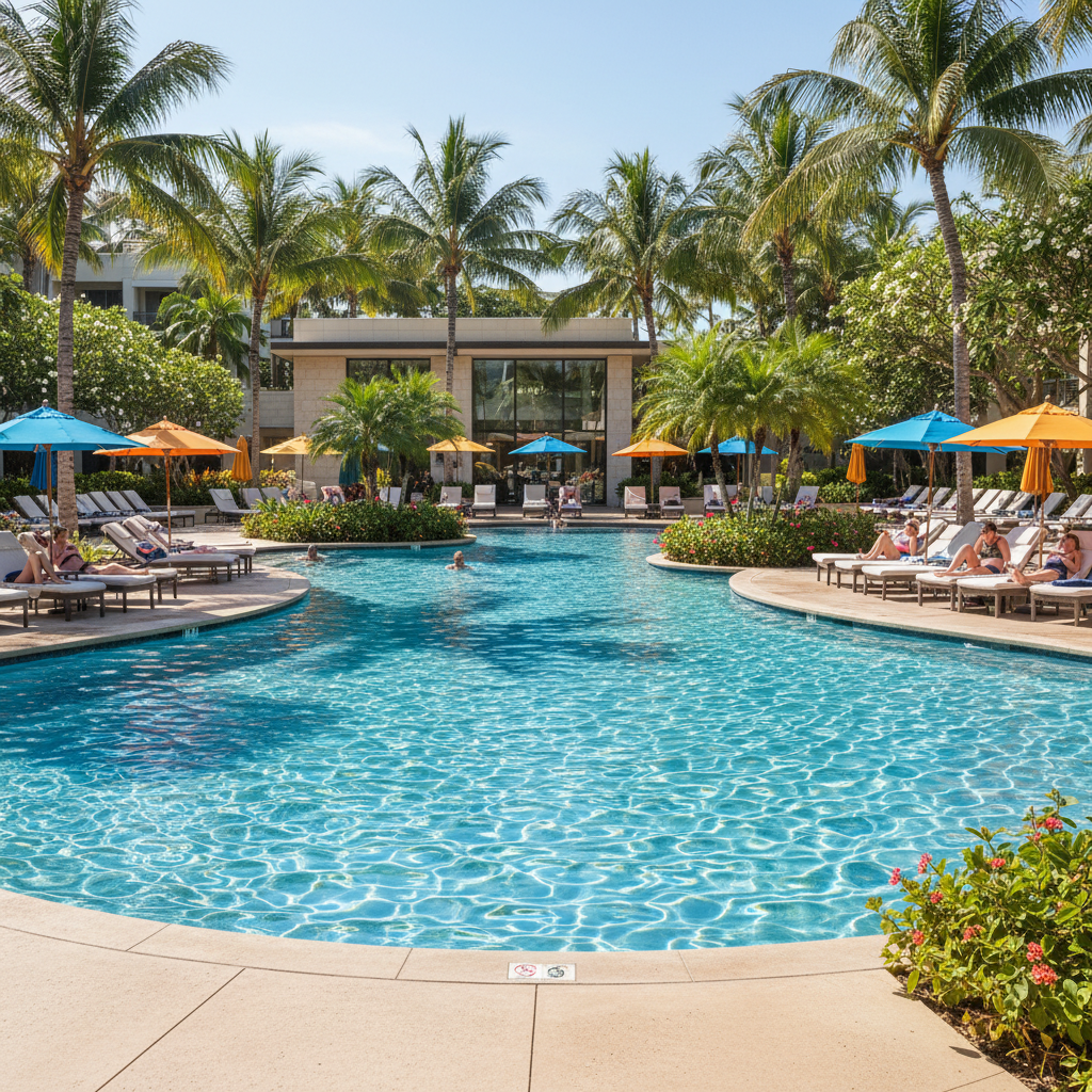 Main pool area at The Palms CO Resort with palm trees and desert landscape