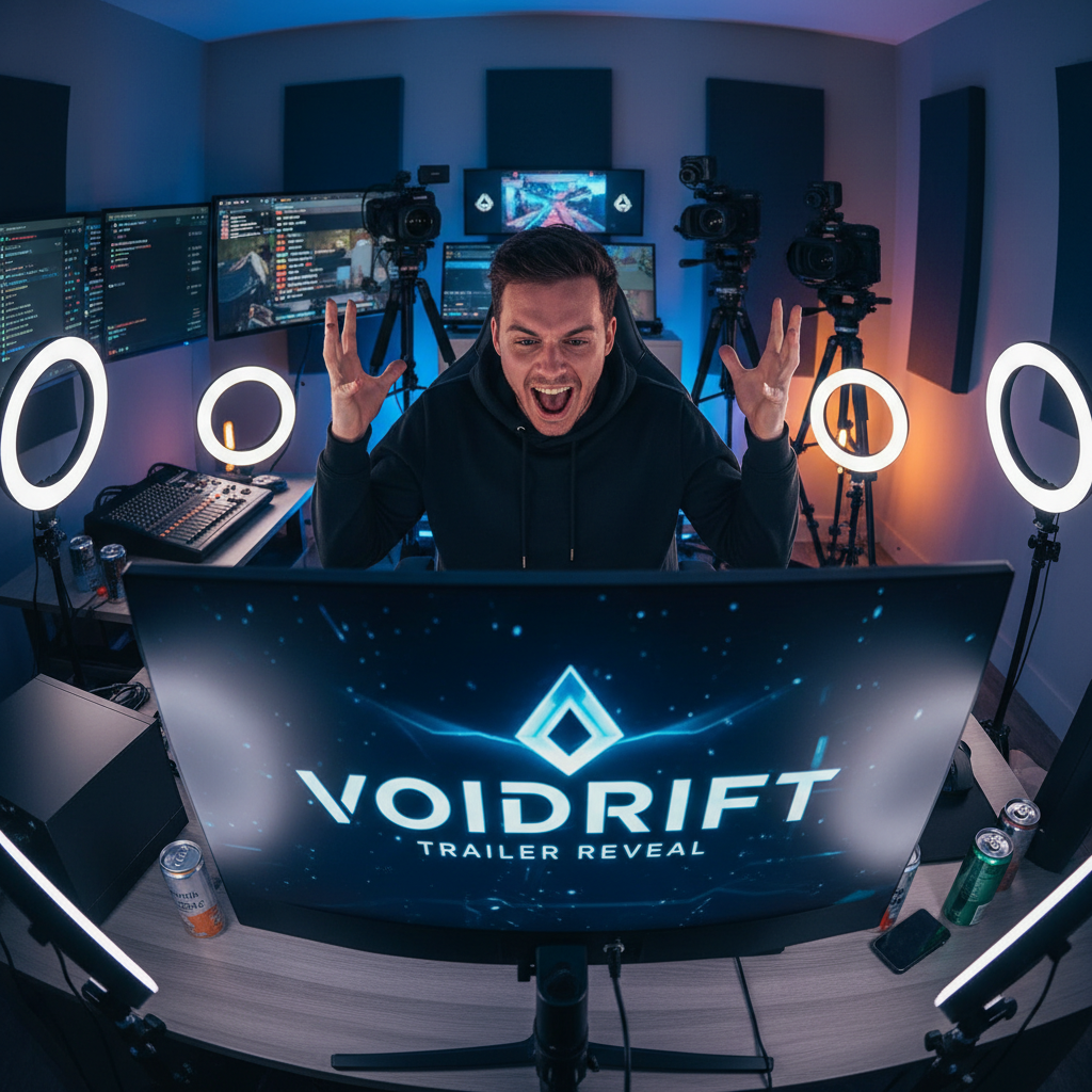 Gamer reacting to VOIDRIFT trailer reveal, hands raised, multiple ring lights, three-camera setup visible