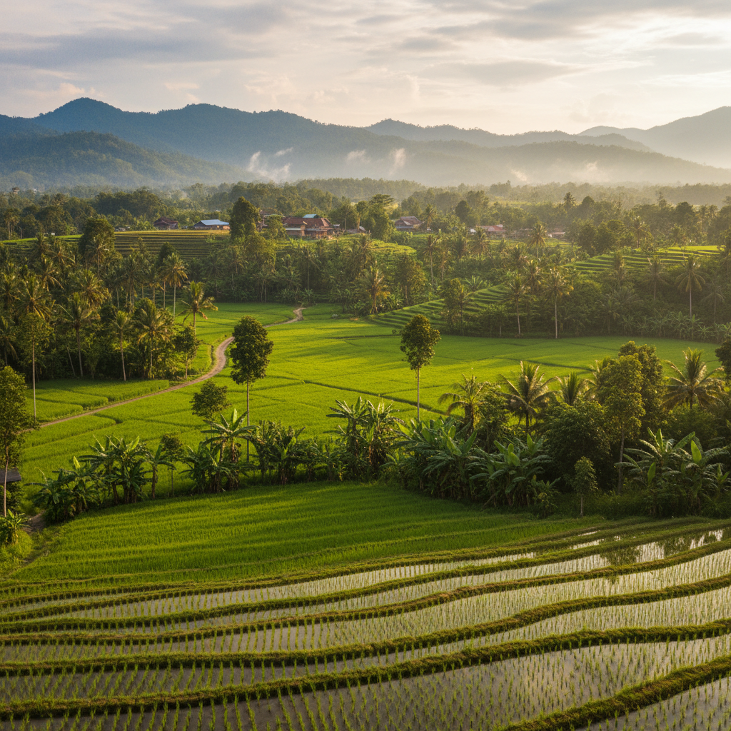 Lush green fields and trees in a rural Karnataka landscape, traditional village scenery with rice paddies