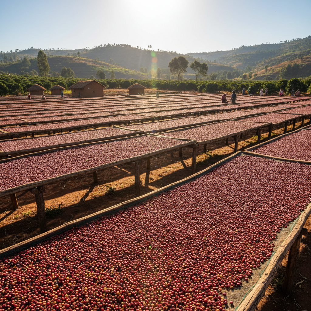 Green coffee beans drying on raised African beds in the Kenyan sun in Embu county