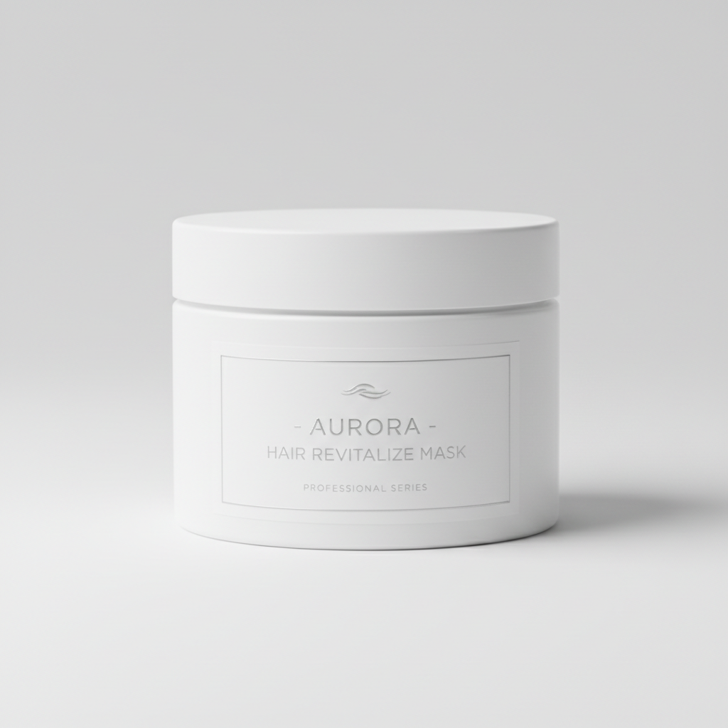 Premium hair treatment mask jar on white background with warm lighting luxury beauty
