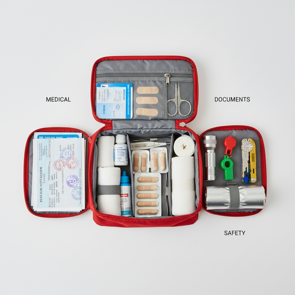 Medical kit and travel documents arranged on wooden table