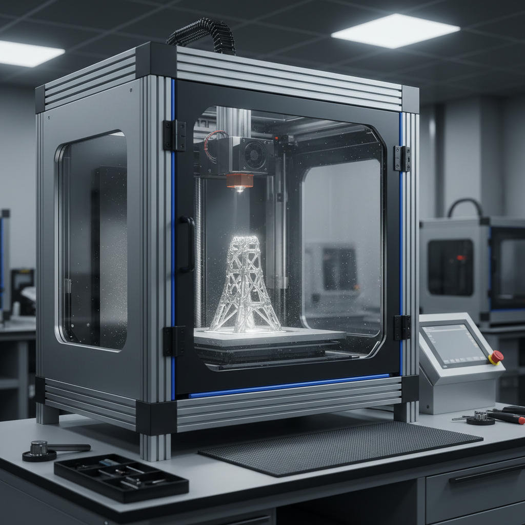 Industrial 3D printer manufacturing complex aerospace component with metal powder bed fusion technology in controlled environment