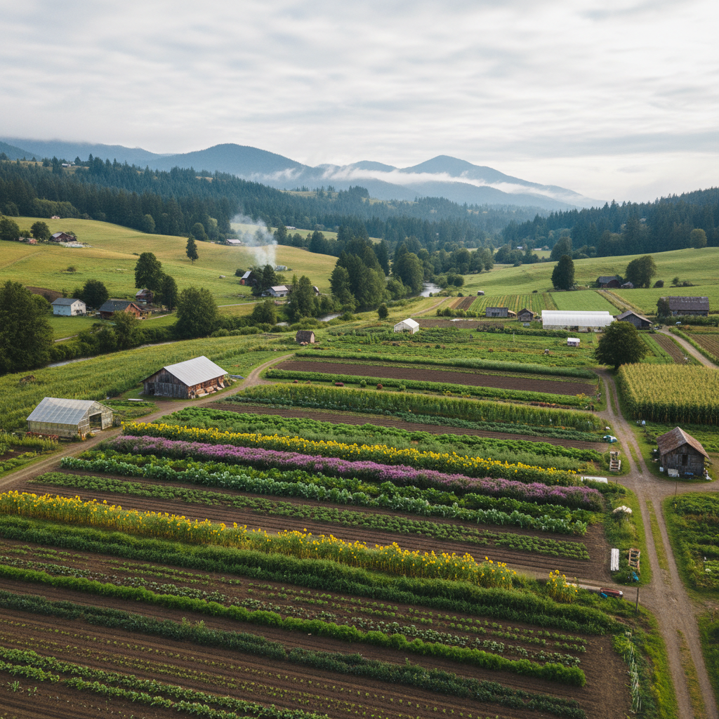 Aerial view of organic farm fields with rows of vegetables in morning light