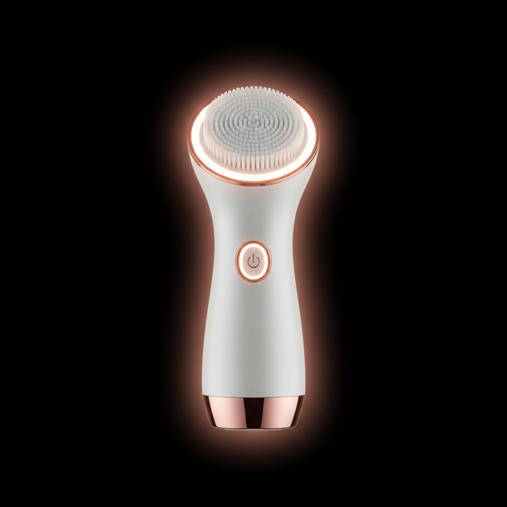 Pore sonic device glowing in dark negative space with rose-gold backlight