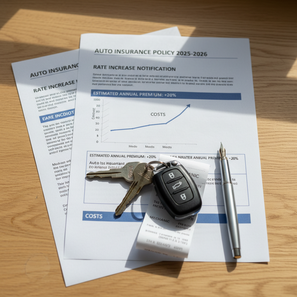 Insurance documents and car keys on a desk with a pen, representing the rising cost of auto insurance in 2025 and 2026