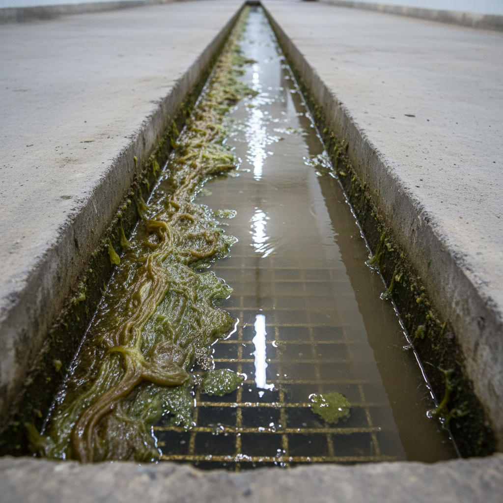 Before: Drain trench with biofilm buildup and pooled runoff under flat fluorescent light
