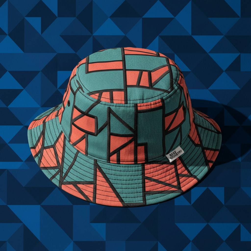 Flat-lay of Reef Geometry bucket hat on deep blue geometric background