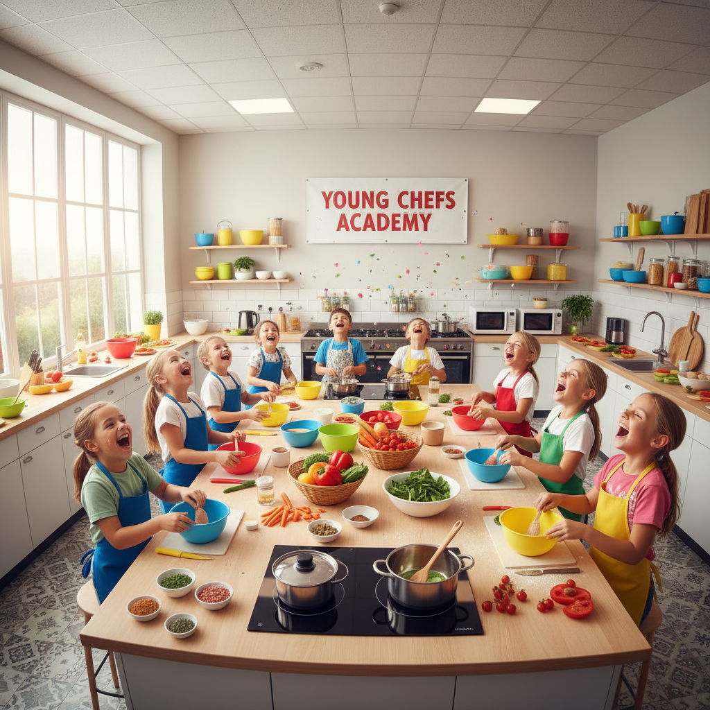 Kids laughing and cooking together in a bright kitchen classroom