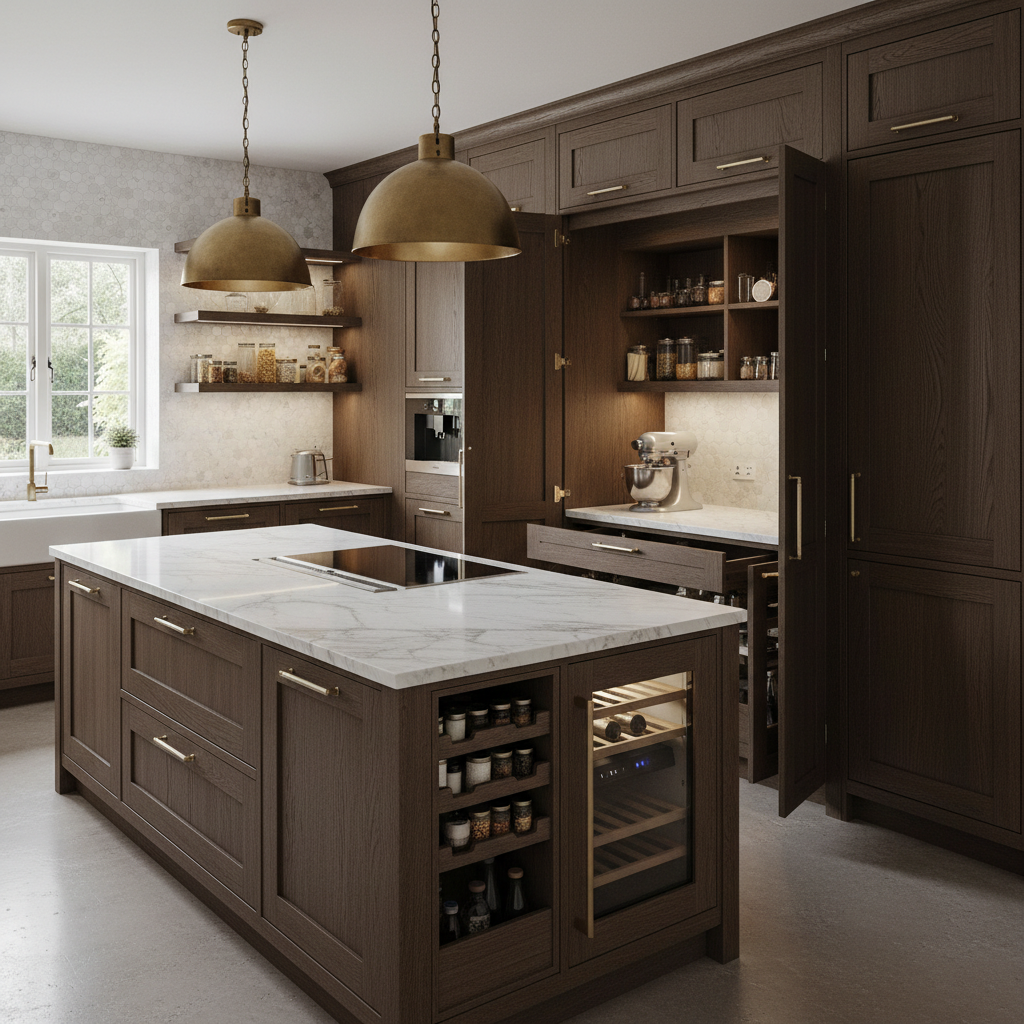 High-gloss white kitchen with waterfall island and integrated appliances in Clapham