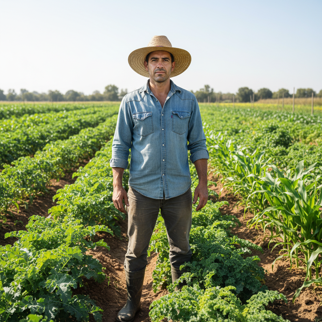 Hispanic male farm owner standing in front of organic crop rows with direct gaze