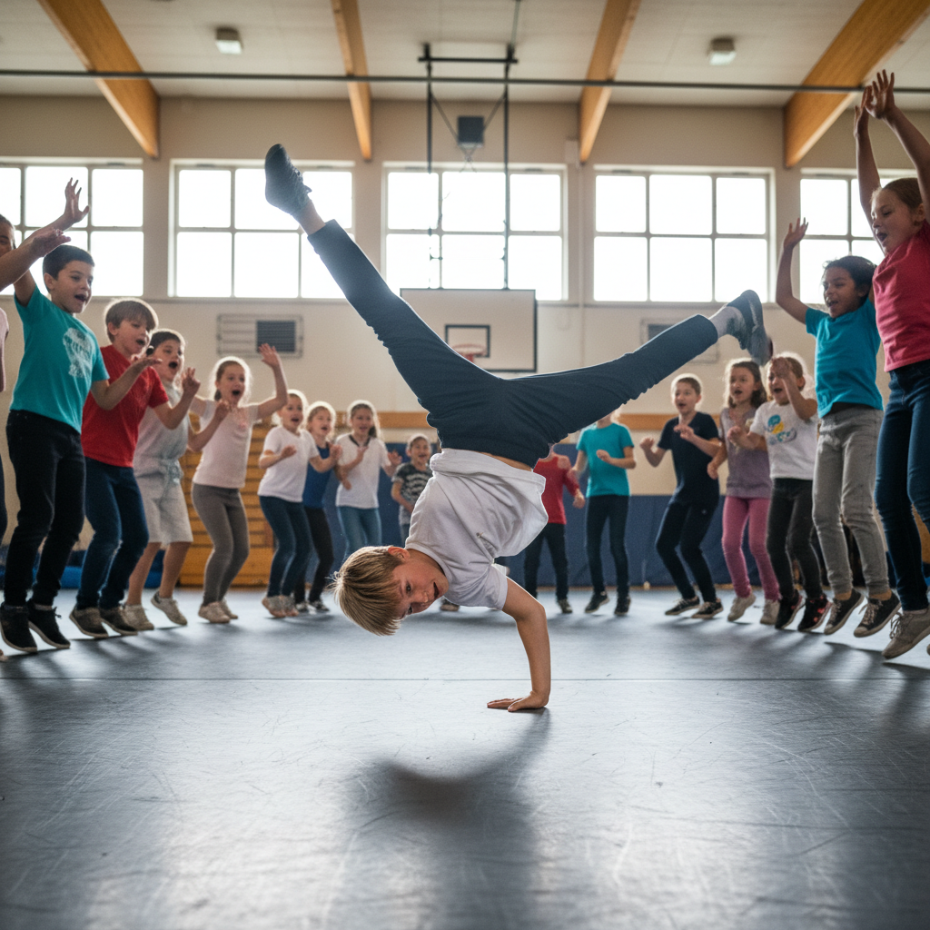 Peak energy moment: kid mid-freeze, one hand on the marley floor, legs in the air, circle of classmates going wild around them