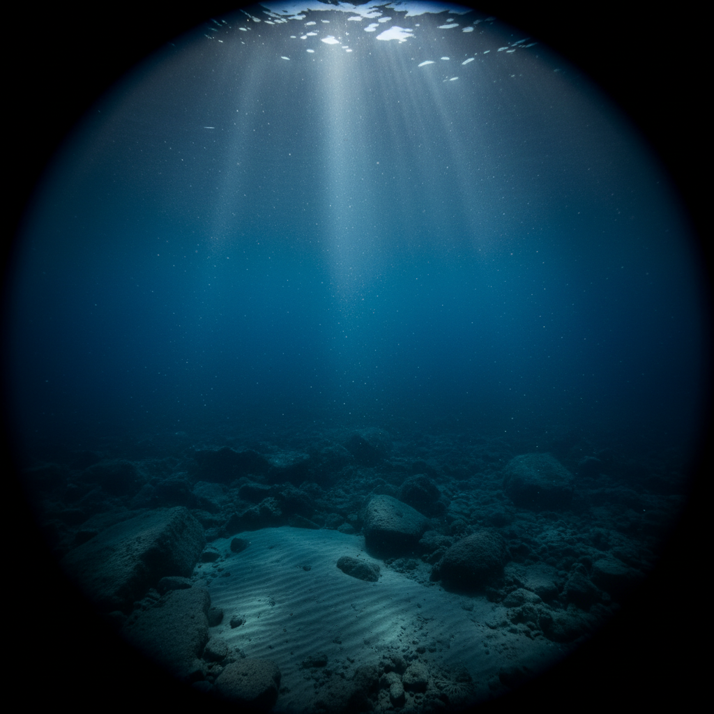 Deep ocean underwater scene with dramatic depth, dark blue-black water, dim atmospheric lighting, crushing pressure feeling, deep sea darkness
