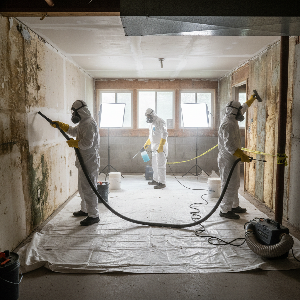 Professional mold remediation crew in protective equipment treating wall surfaces